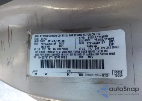 2001 Nissan Quest Se z USA, uszkodzony, nr VIN 4N2ZN16T41D815812